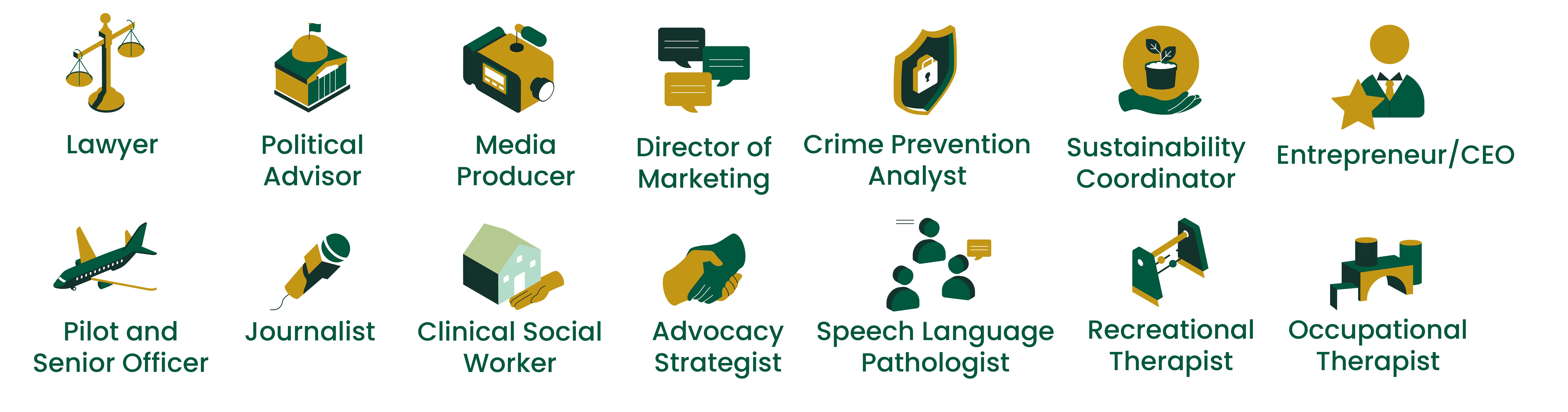 Icons representing alumni working in law, social work, aviation, governmental affairs, business, sustainability, and health fields