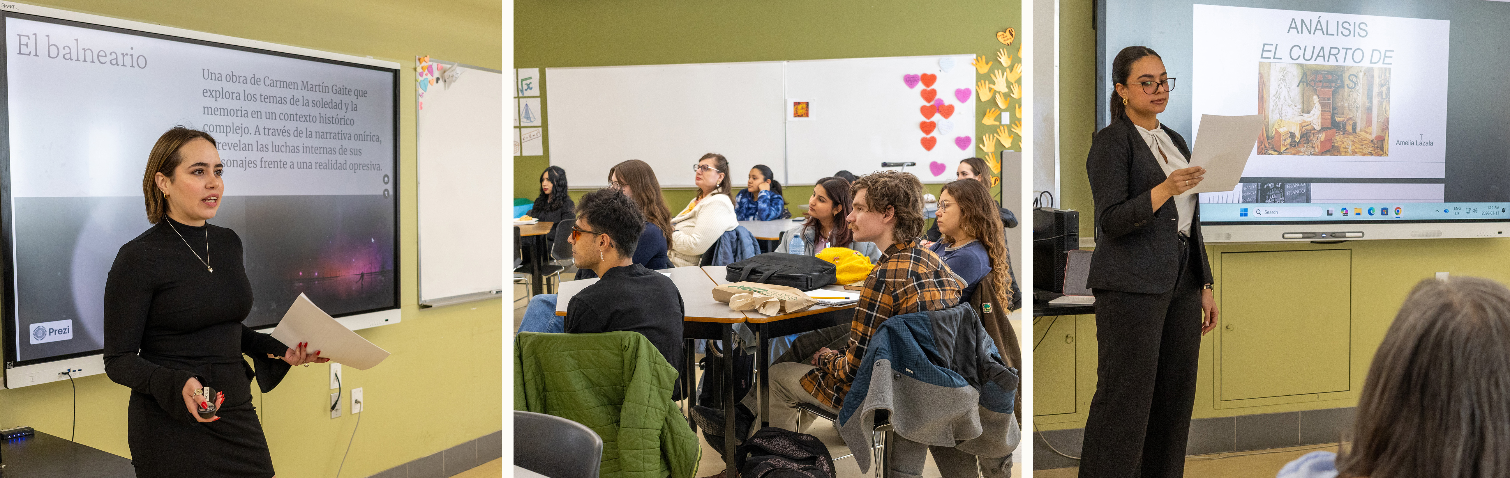 A collage of three photos showing two female students presenting research and their audience