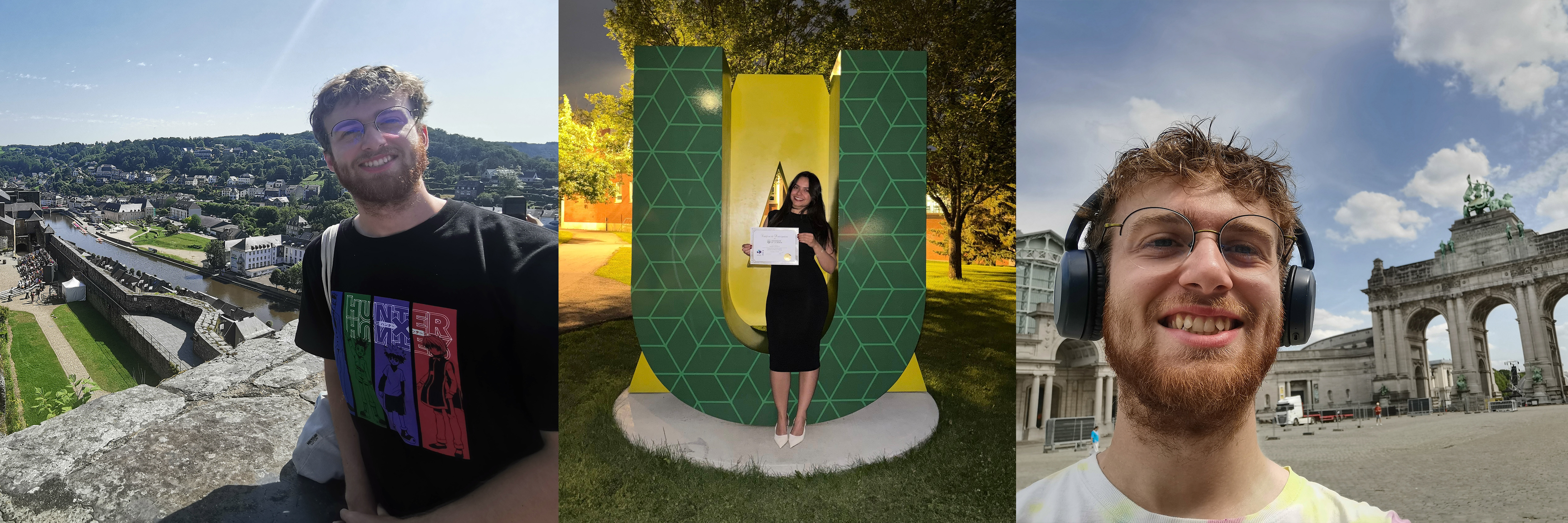 A collage of three photos feature a male student standing high above a scenic village, a female student holding an award in front of a green and gold U, and a male student in front of French architecture