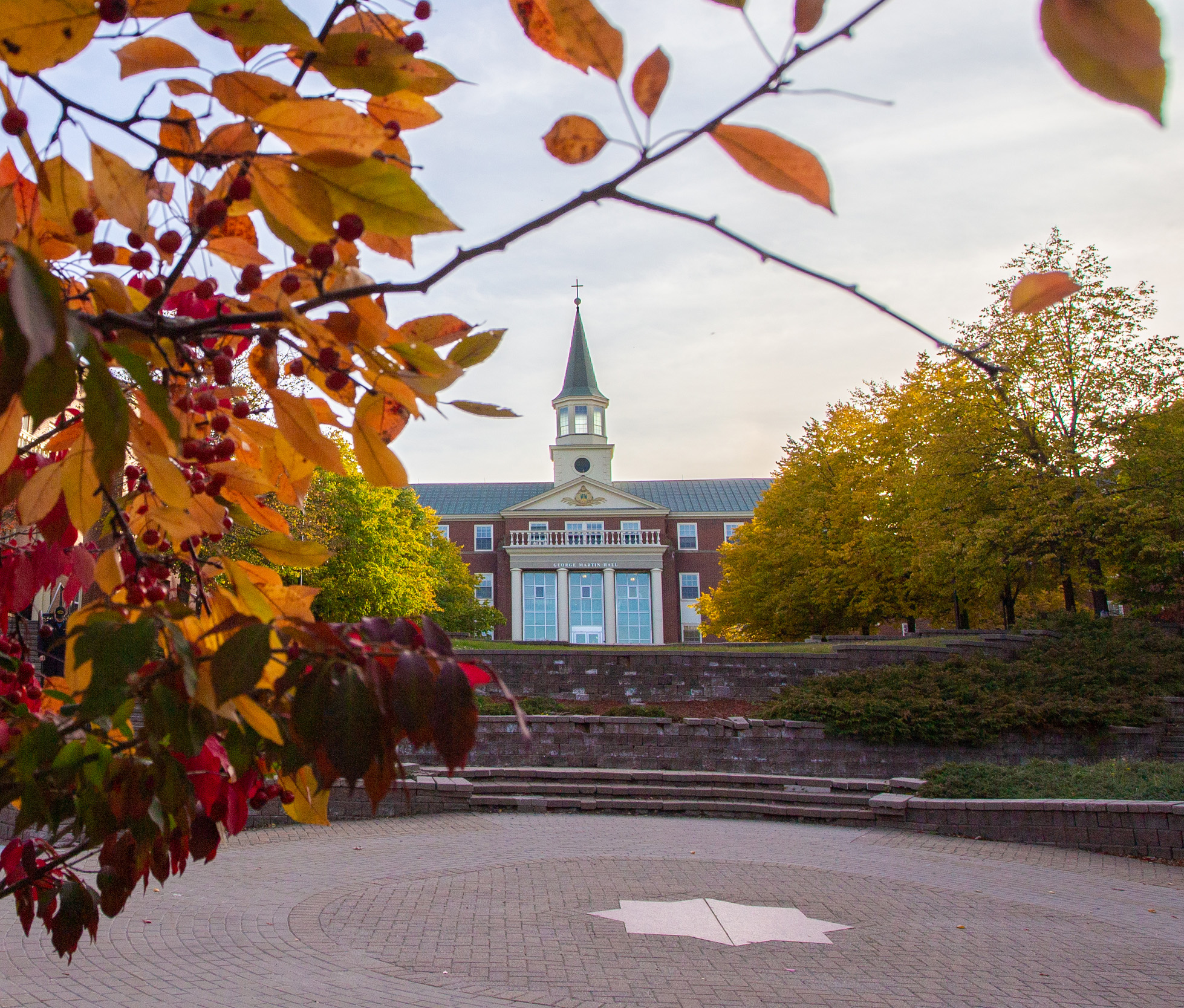 George Martin Hall surrounded by coloured leaves