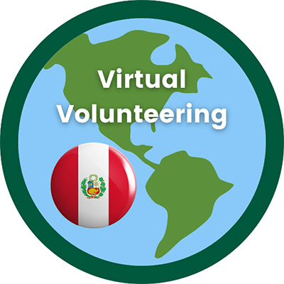 Graphics of globe and Peru flag with Virtual Volunteering text