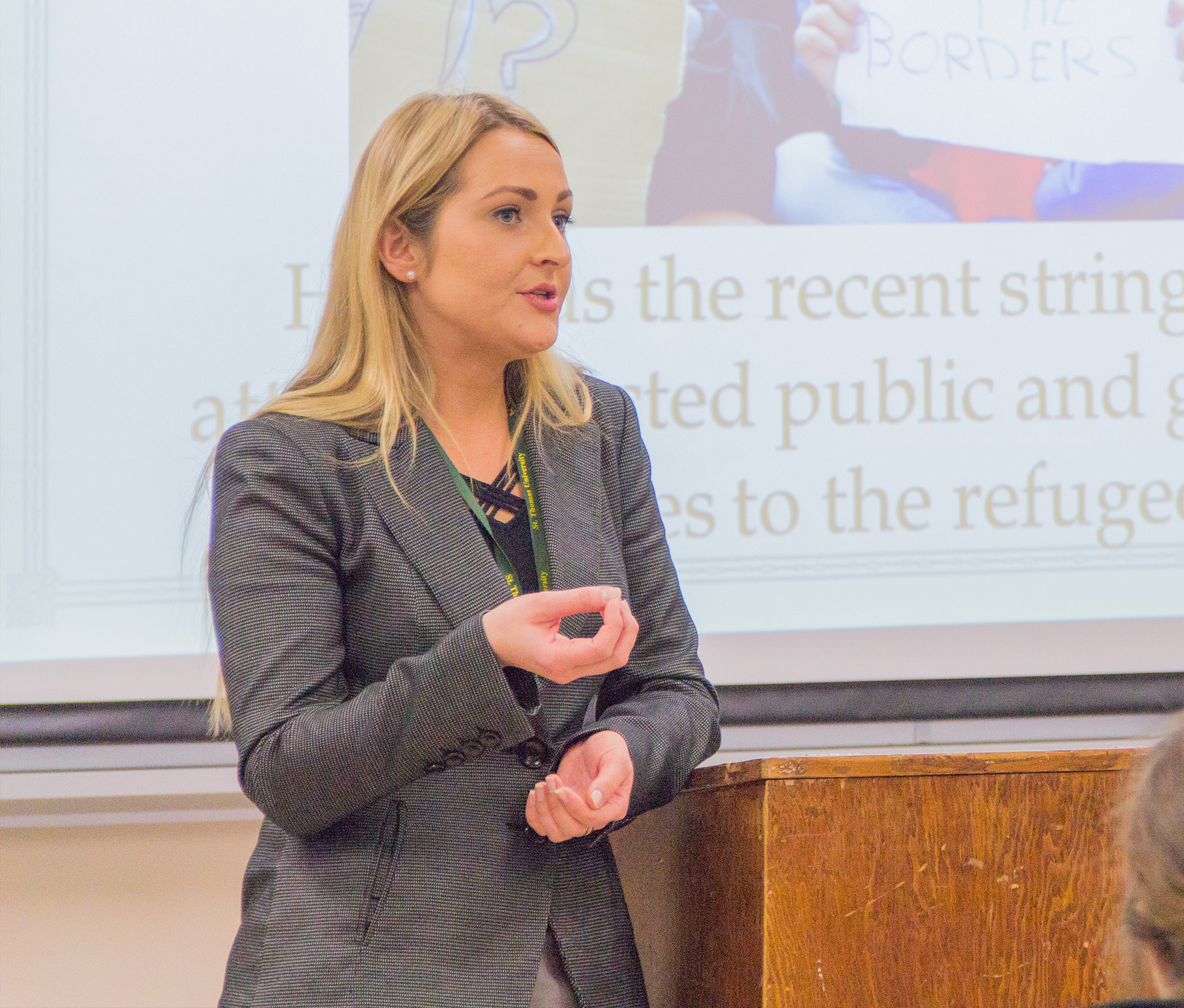 Photos of a human rights professor teaching a class at STU